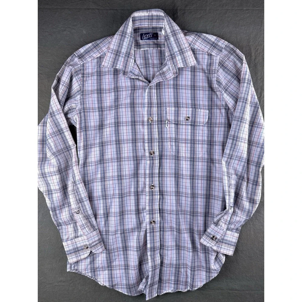 Vintage Levis Plaid Button Up Shirt Tapered Fit Hong Kong Medium